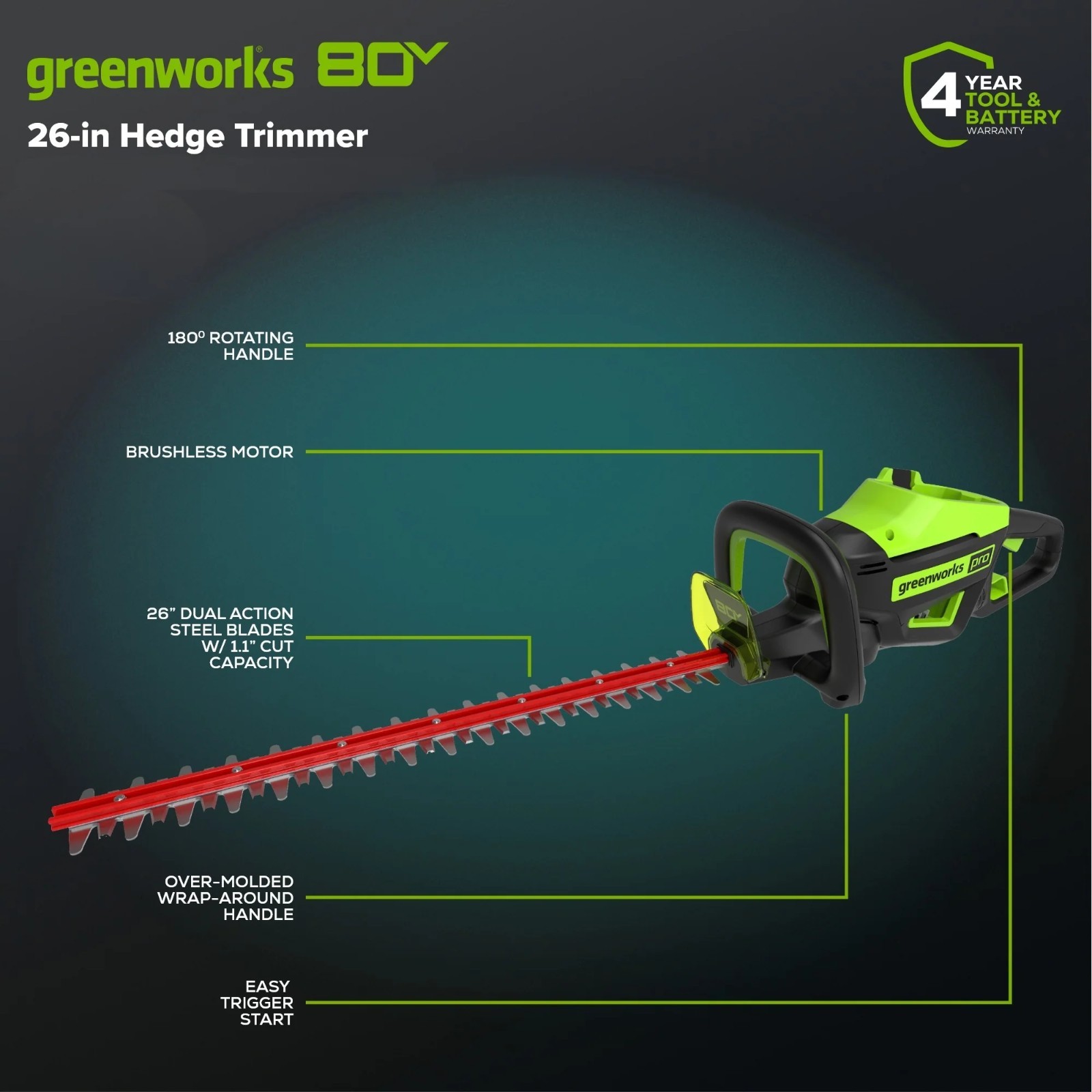 Greenworks 80V 26" Cordless Hedge Trimmer Electric Hedge Trimmer, Tool Only