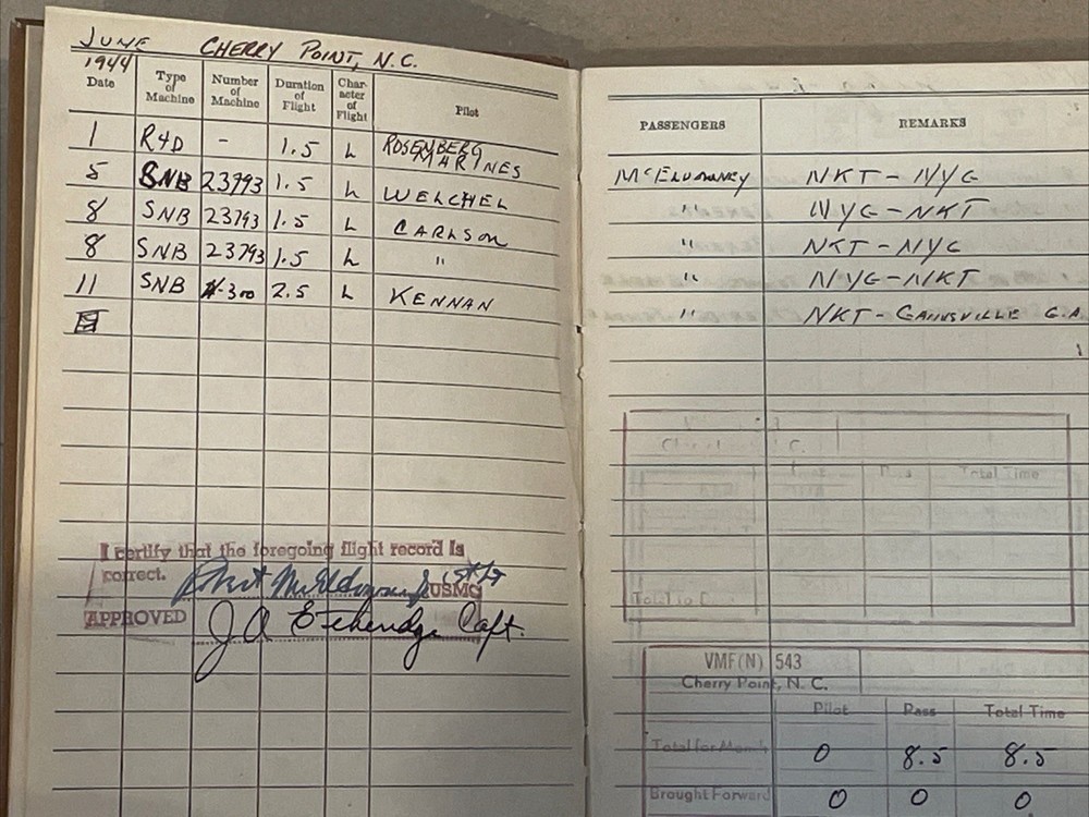 USMC Pilot flight log, late WW2