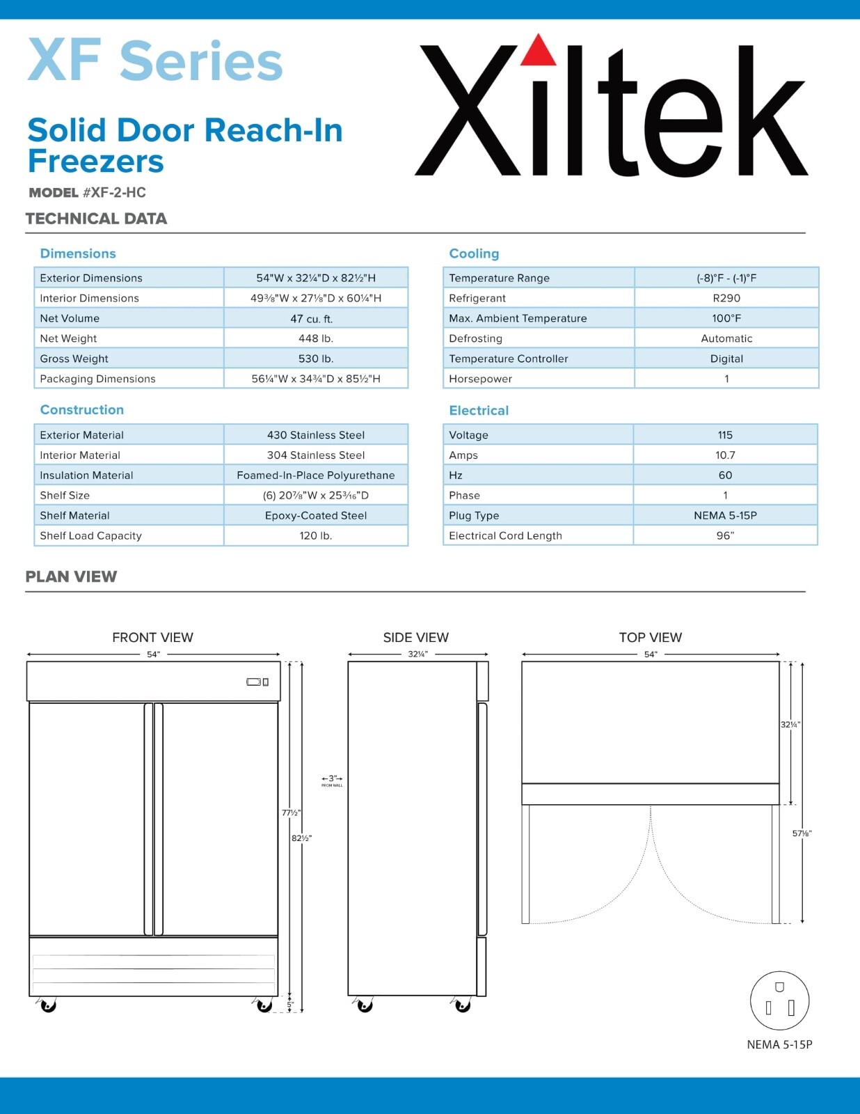 New Xiltek 54" Commercial Freezer All Stainless Steel Reach In Two Section