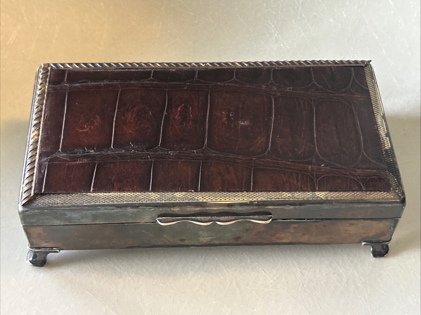 Aristocrat Silver Plate w/ Crocodile/ Alligator Top Cigarette Box Wood Lining