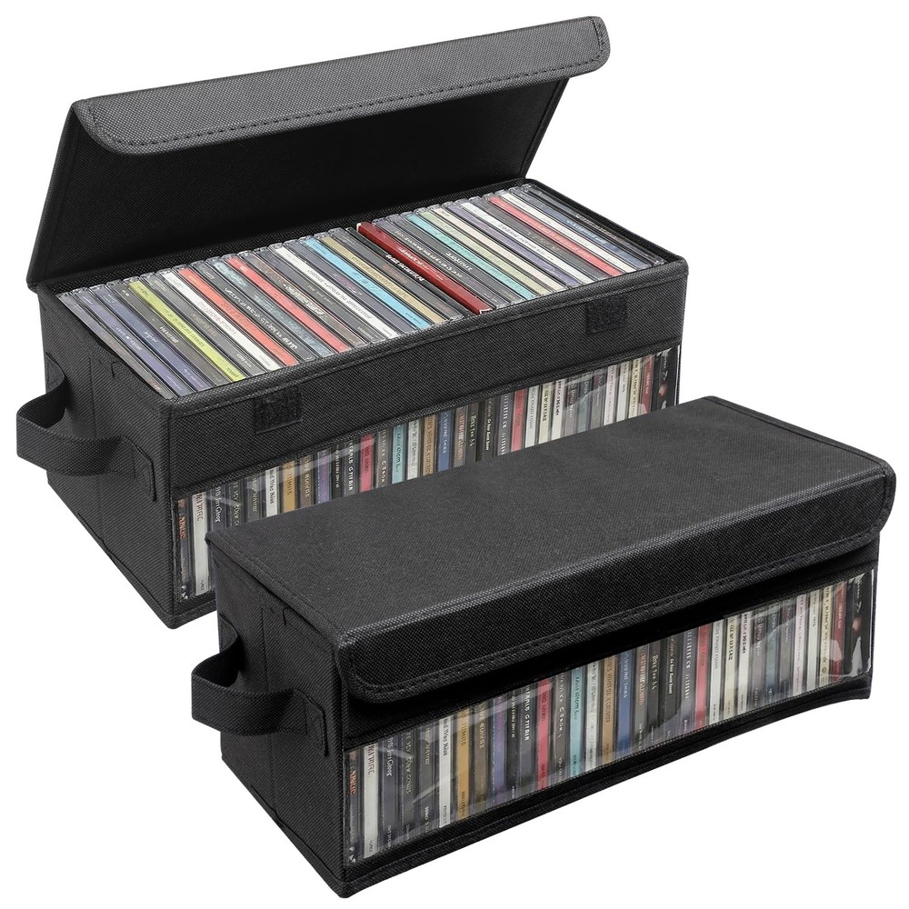 2 Pack CD Storage Box Case Holder w/ Handles and Lid, Stackable CD Organizer Box