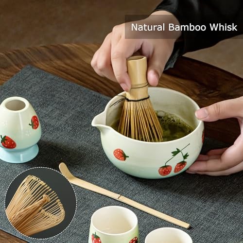 Matcha Whisk Set, Cute Mint Green And Blue Gradient With Strawberry Pattern