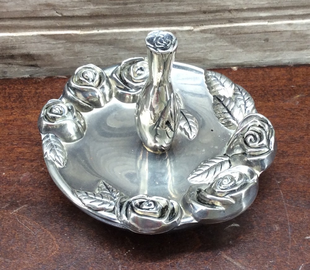 Godinger Ring Holder Dish Silver Plated Vintage Rose Design 3.5"