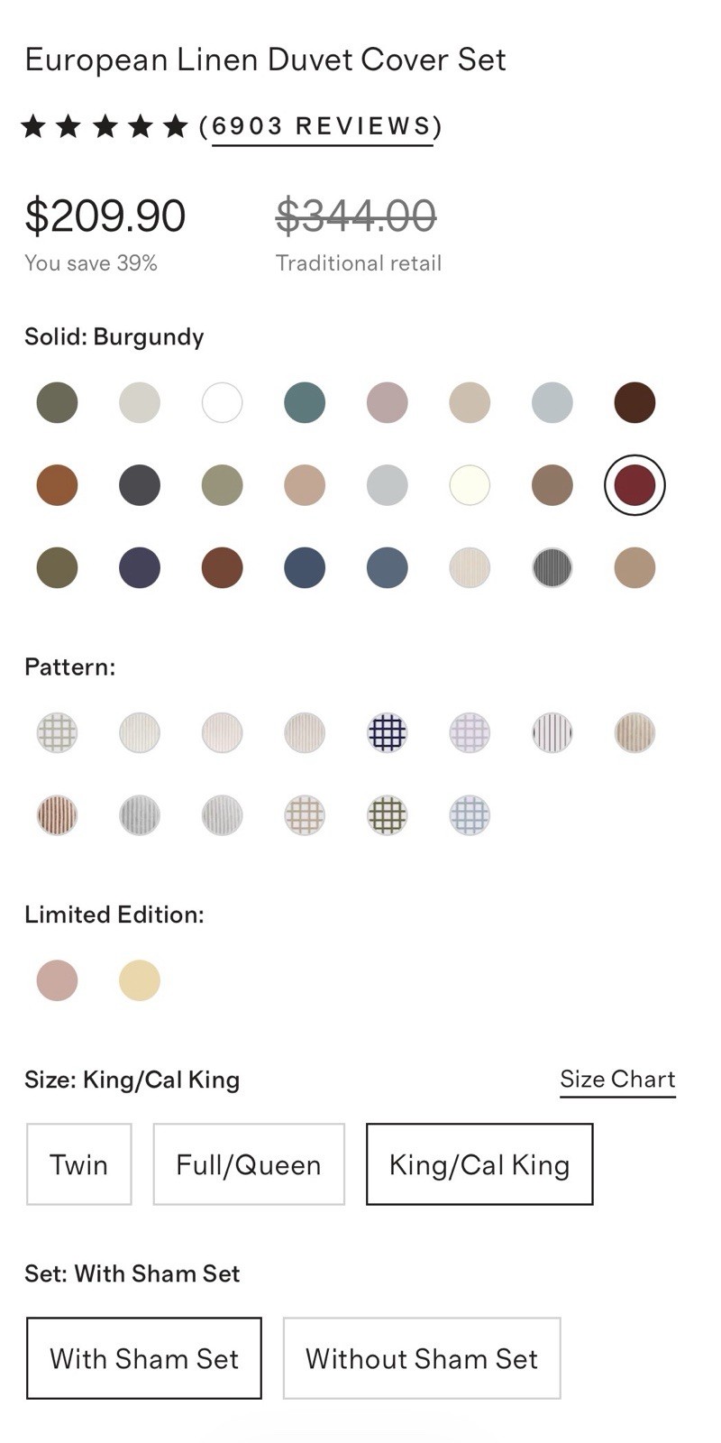 Quince King/Cal King European Linen Duvet Cover & Sham Set in Burgundy