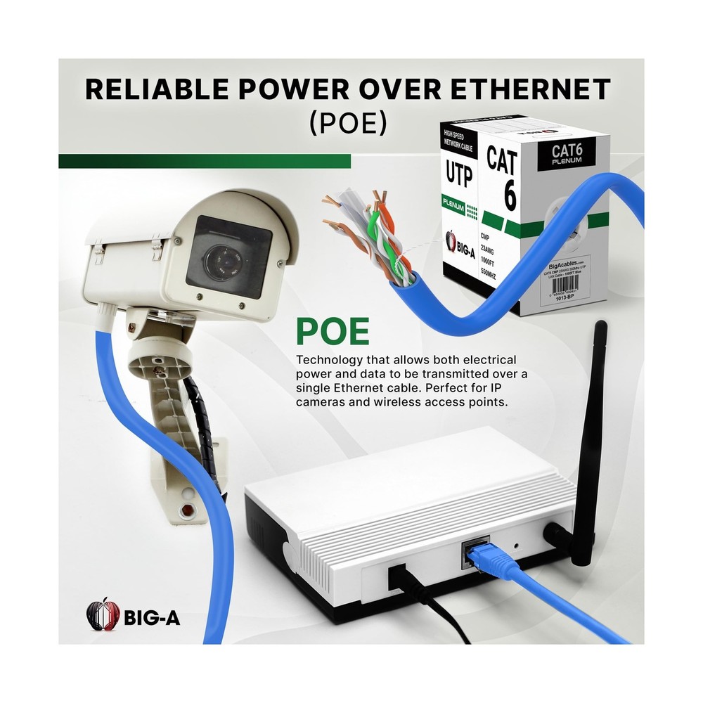 Big-A - Cat6 Plenum Cable 1000ft, Cat 6 Ethernet Cable (CMP) 10 Gigabit Solid...