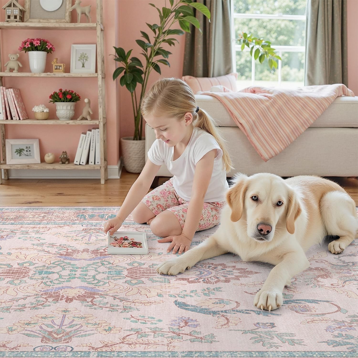 DCX 2x3 Pink Vintage Floral Rug, Machine Washable Non Slip Low Pile Carpet fo...