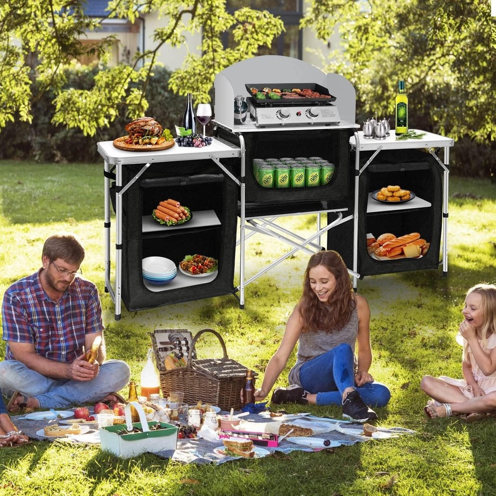 Seeutek Foldable Camp Kitchen Table with Storage Black