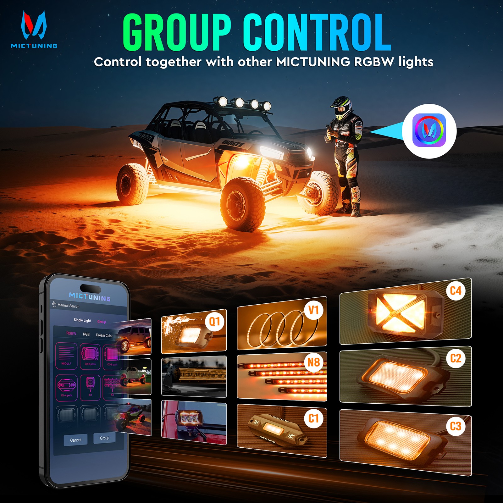 MICTUNING C4 RGBW LED Rock Light,12-Pods Car Underglow Neon Accent Light LED Kit