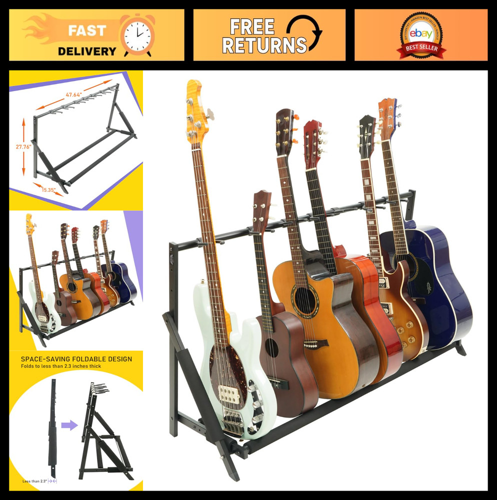 Multi Guitar Stand Rack - Foldable 7 Holder, Adjustable Height & Width, Easy Sto