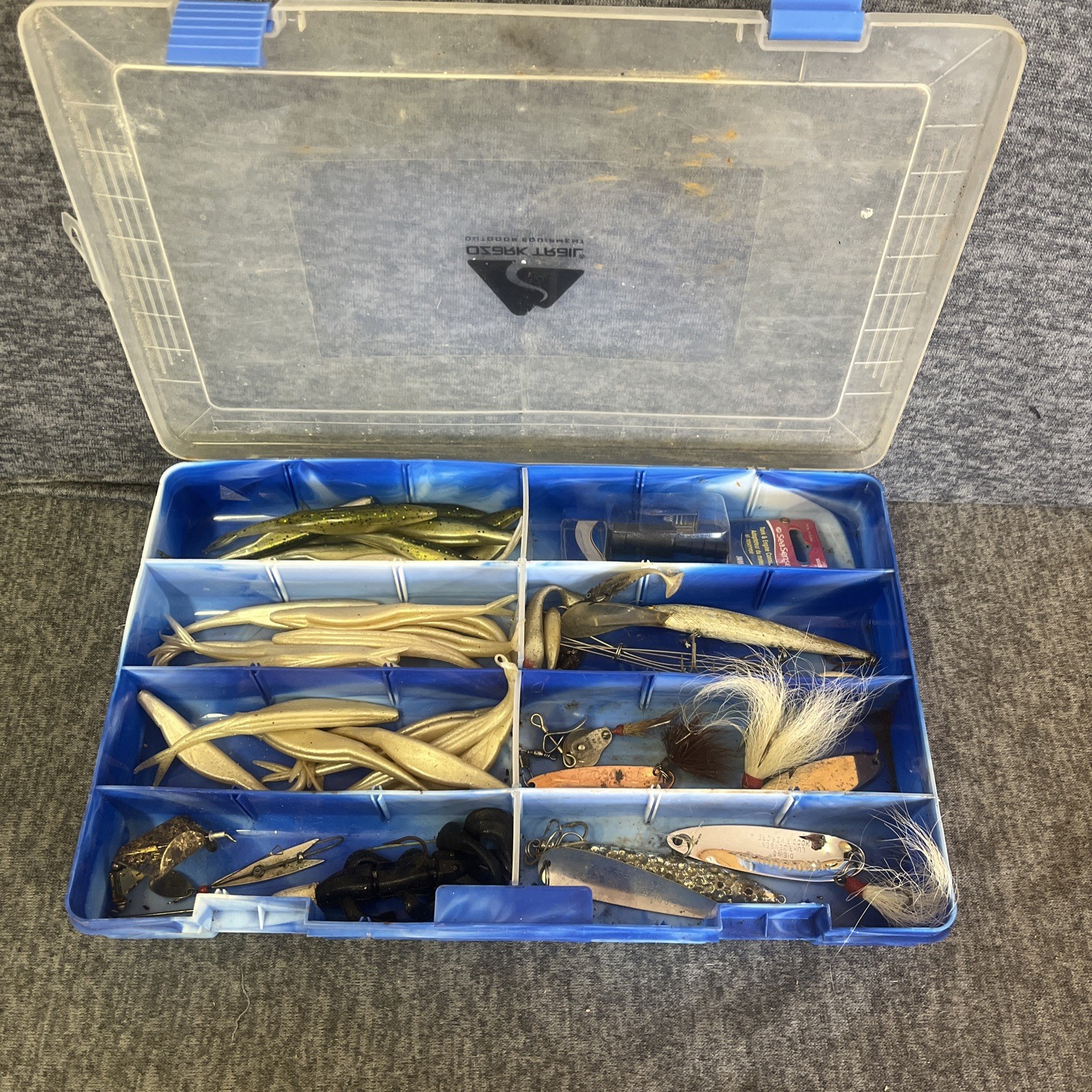 Mixed Fishing Lure Lot w/ Ozark Trail Tackle Box – Luhr Jensen Krocodile, Spoons
