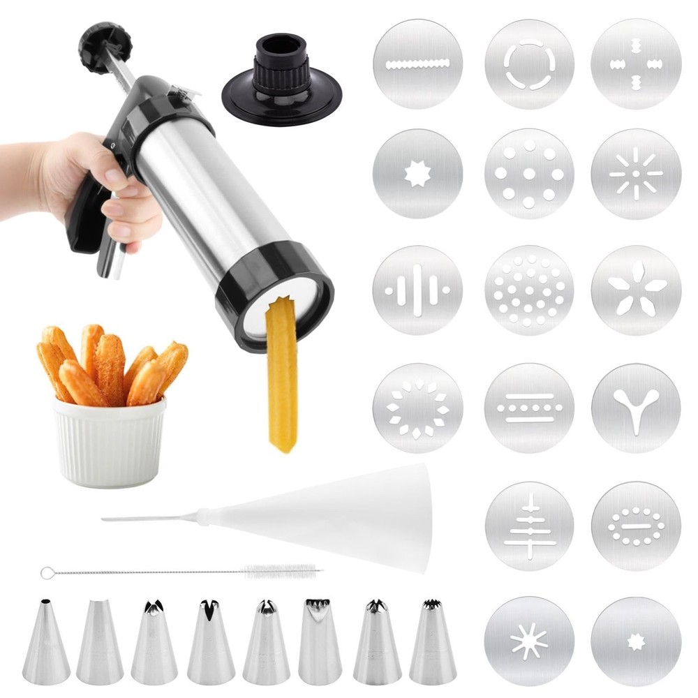 Churro Maker Machine with 16 Discs & 8 Nozzles - Multi-Function Cookie Press Kit