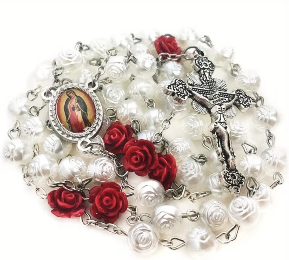 Long White And Red Rose Catholic Rosary