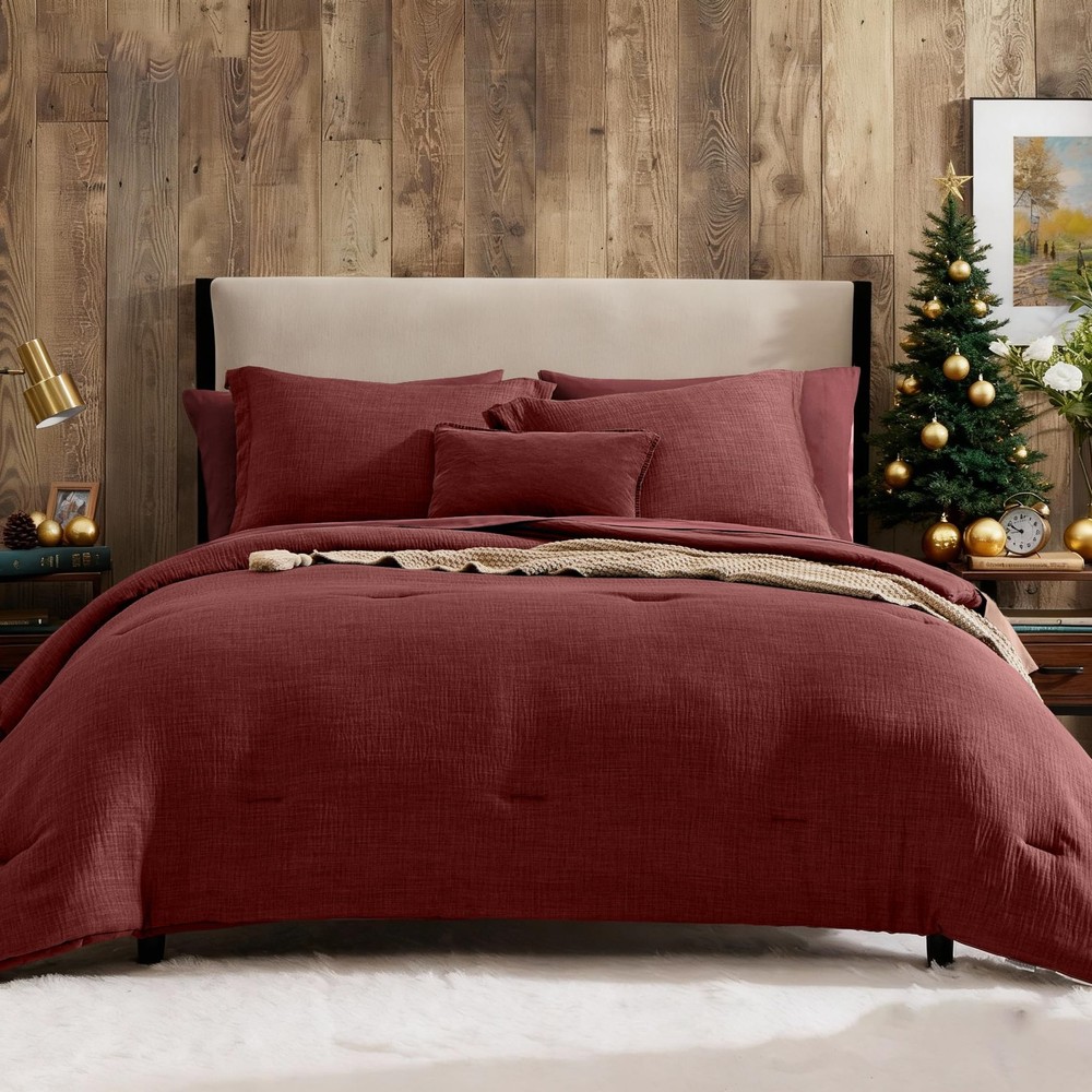King Comforter Set - 7 Pieces Soft Solid Bedding, Dark Red Bed in a Bag