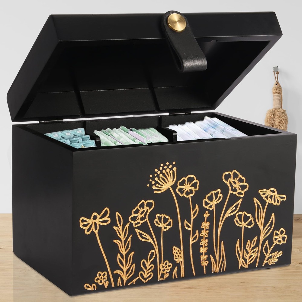 100% Solid Wood Tampon Holder with Lid, Copper Leather Pull, Absolute Real Wo...