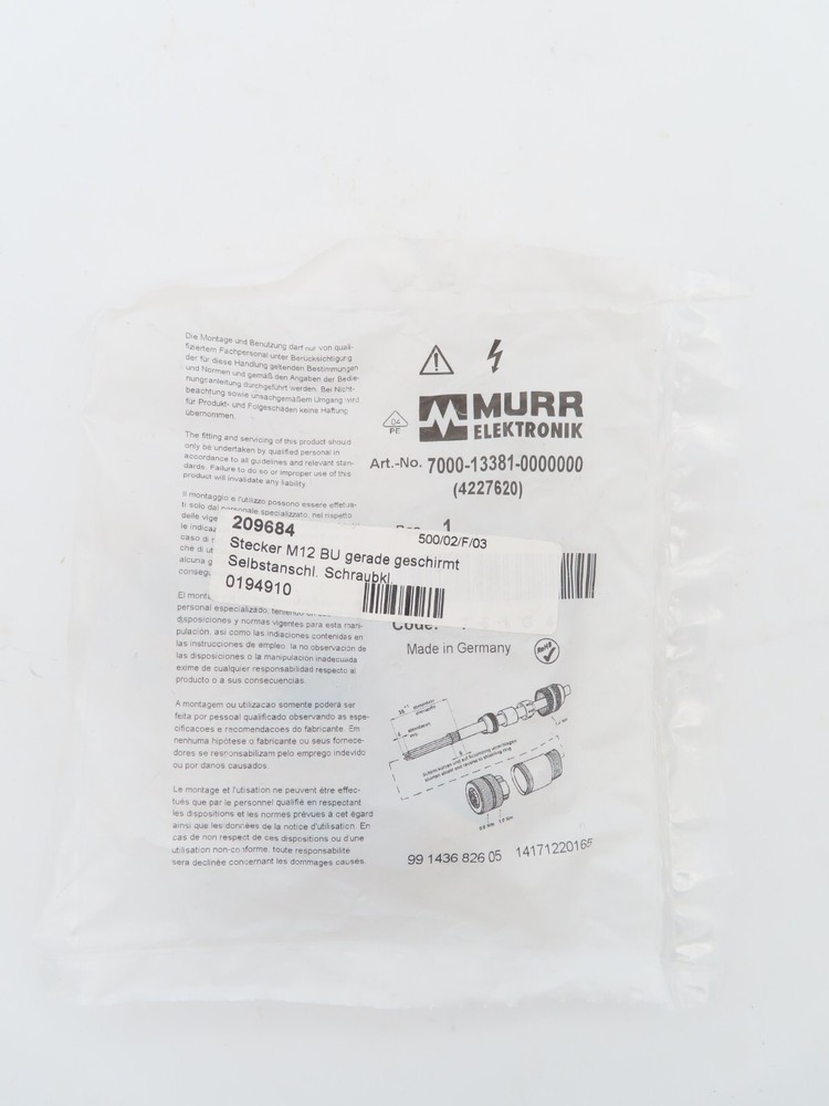 Murr Electronics 7000-13381-0000000 Plug M12 BU Straight