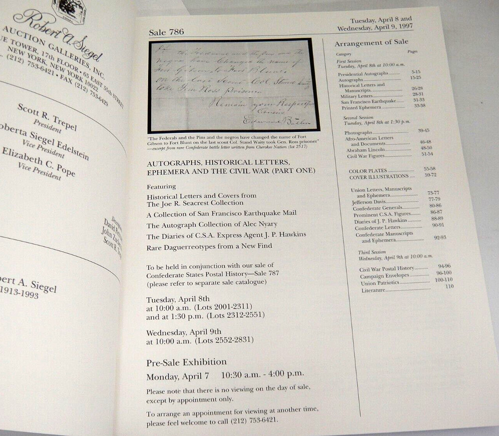 Siegel Auction Catalog 1997 Prices Realized Autographs Letter Ephemera Civil War