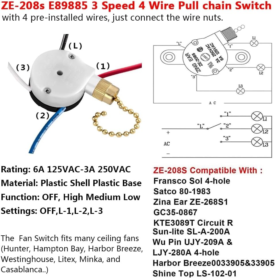 Ceiling Fan Switch Zing Ear ZE-208s E89885 3 Speed 4 Wire Pull 1 Piece, BRASS