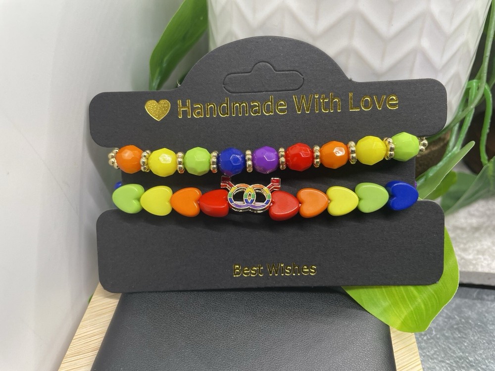 2 PC Handmade Rainbow Beaded Stackable 7” Plus Stretch Bracelet Set New B4857
