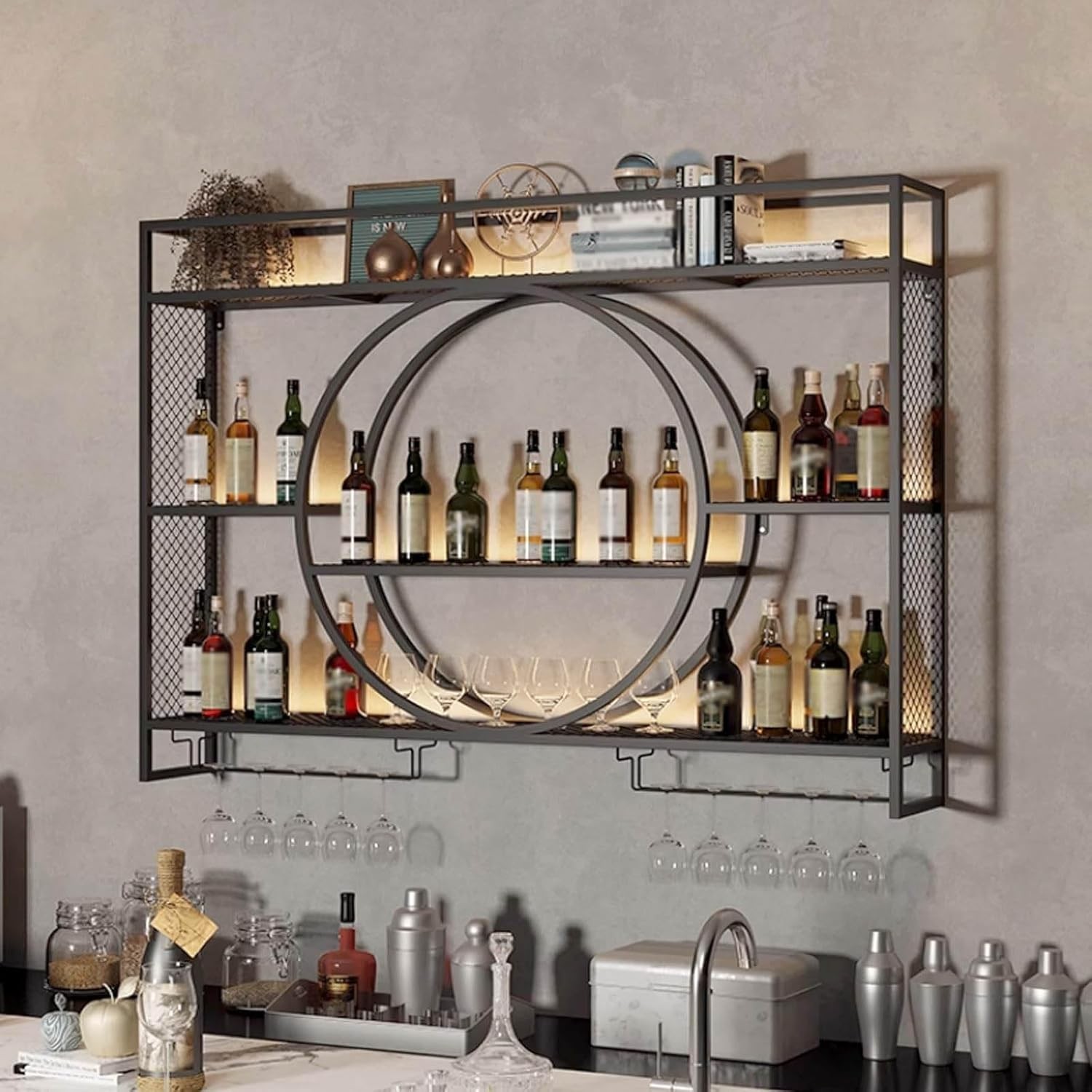 Wall Mounted LED Wine Rack Metal Bar Bottle Display Shelf with Wine Glass Rack