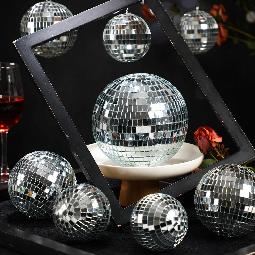 8 Pcs Large Disco Ball Set Silver Mirror Disco Reflective Ball with Hanging Ring