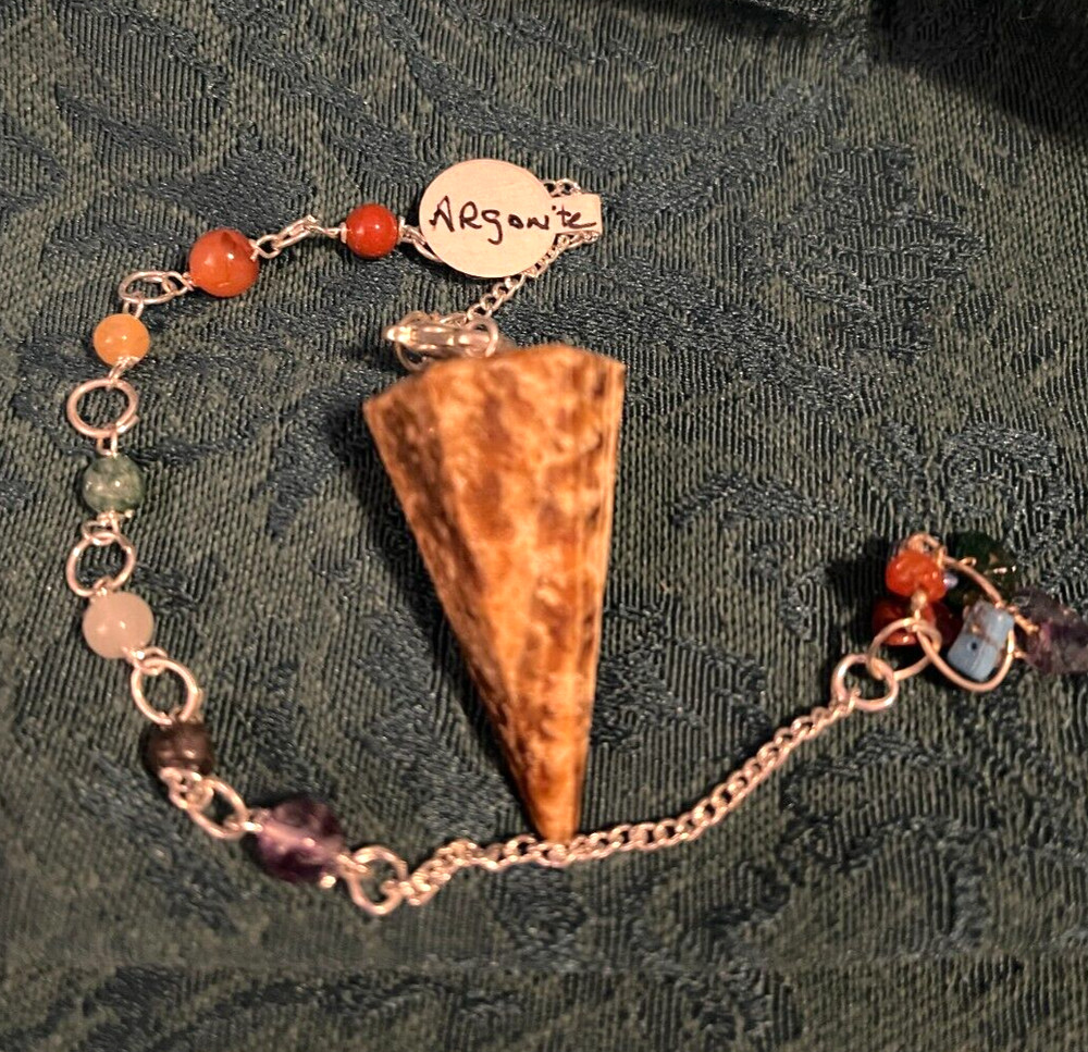 Argonite 6-Sided Pendulum with 7 Chakra Beaded Chain and Storage Pouch