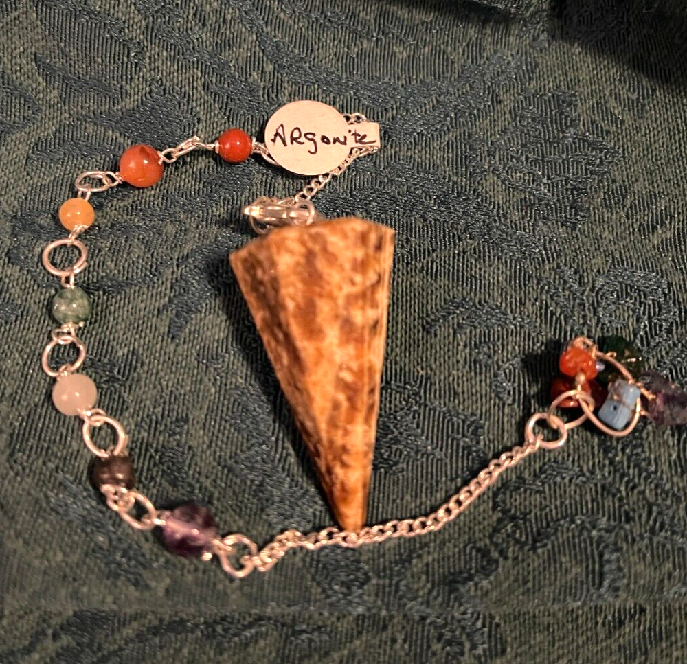 Argonite 6-Sided Pendulum with 7 Chakra Beaded Chain and Storage Pouch