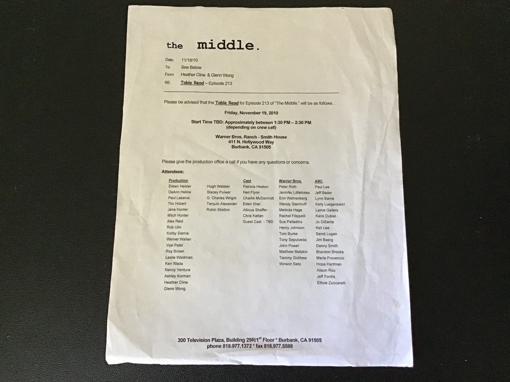 The Middle. Ep. 02.13 Table Draft Script and Table Read Call Sheet WB Television
