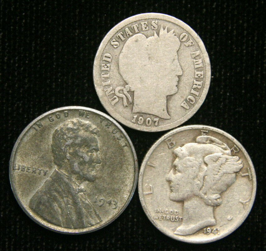 Old US Coin Estate Lot Barber Dime Steel Cent Mercury Dime 3 Coin Set