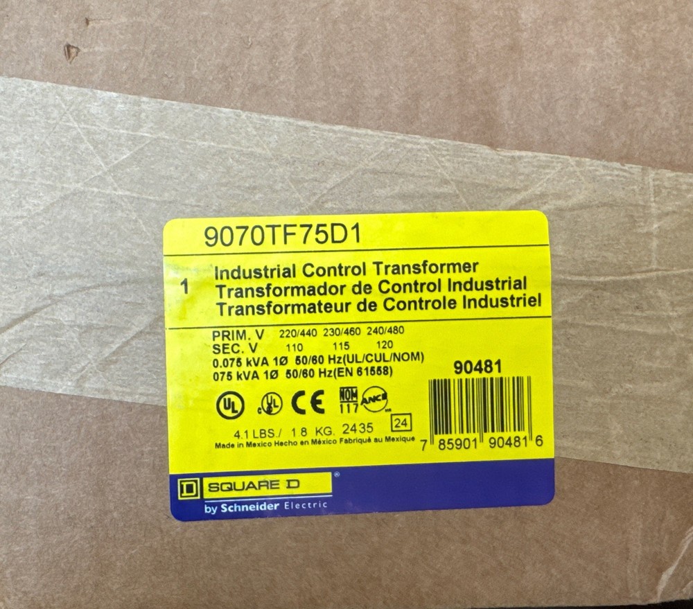 Square D 9070TF75D1 Class 9070 industrial control transformer, Type TF