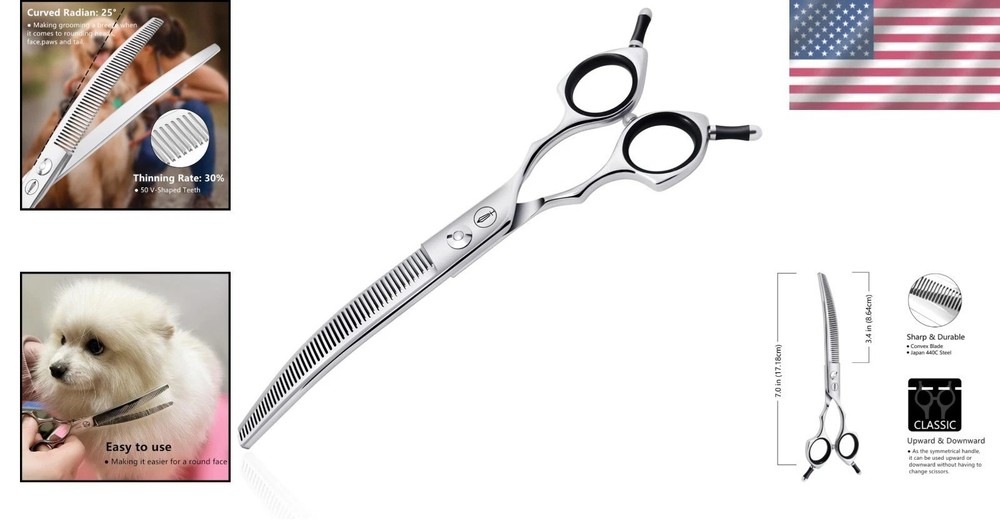 Curved Grooming Shears for Dogs, 30% Thinning