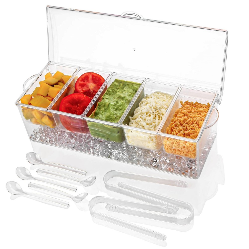 Ice Chilled 5 Compartment Condiment Server Caddy | Plastic Storage Food