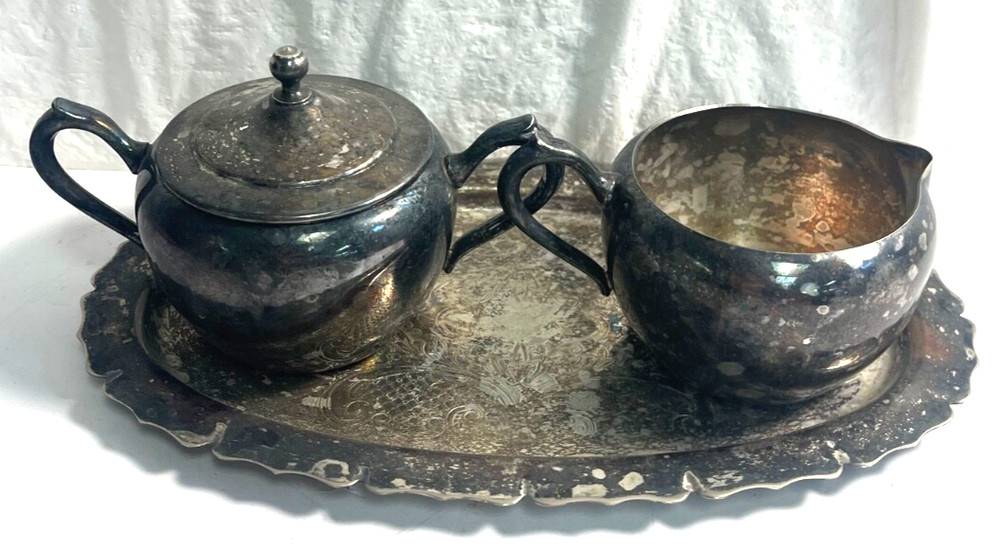 Vintage 4 pc Silver-Plated Copper Sugar, Creamer, Lid, Platter Set