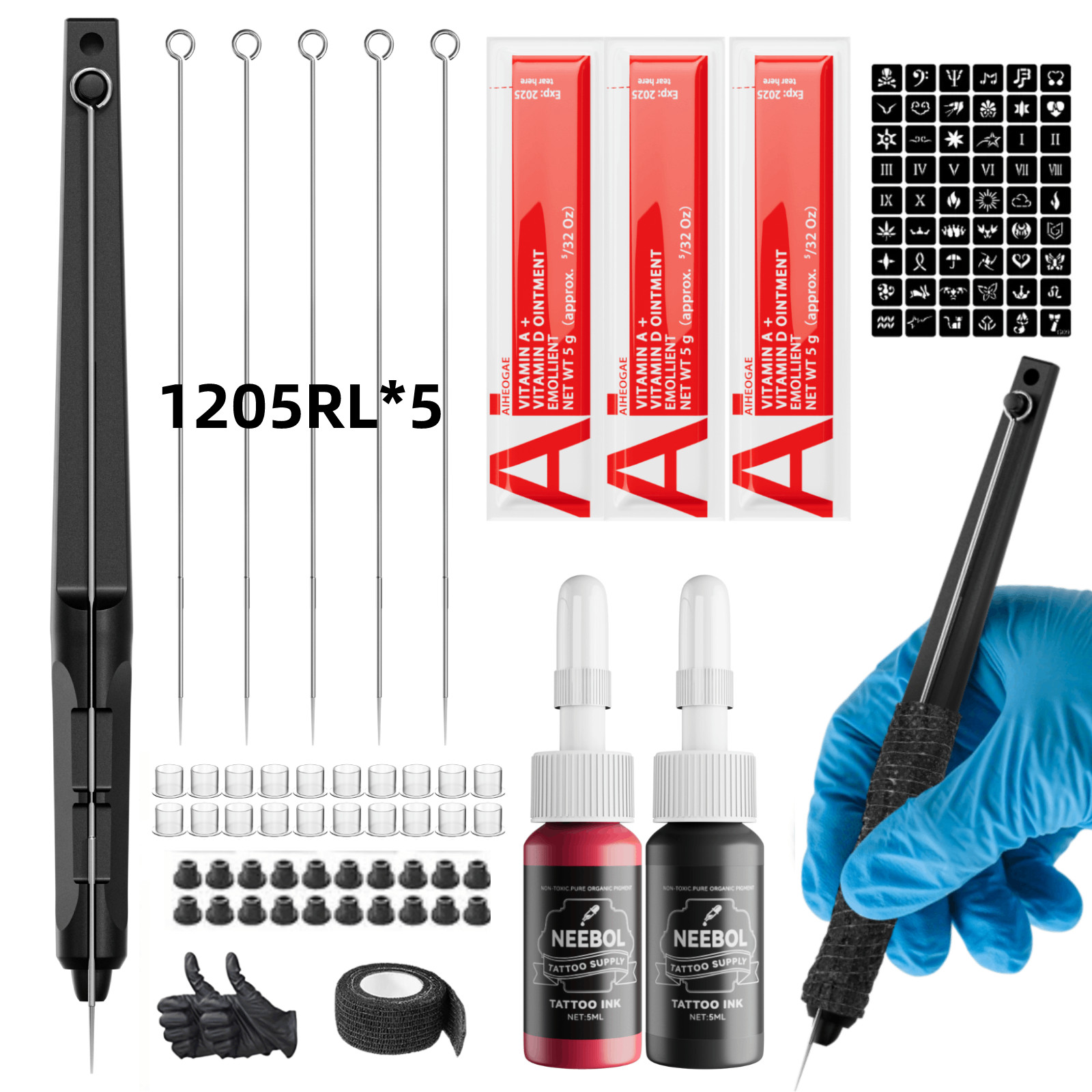 Hand Poke and StickTattoo Pen Kit Poke a Stick Tattoo Hand with 7 Ink 25 Needles