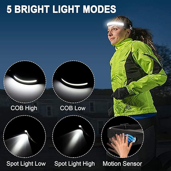 COB LED Headlamp USB Rechargeable Headlight Torch Work Light Bar Head Band Lamp