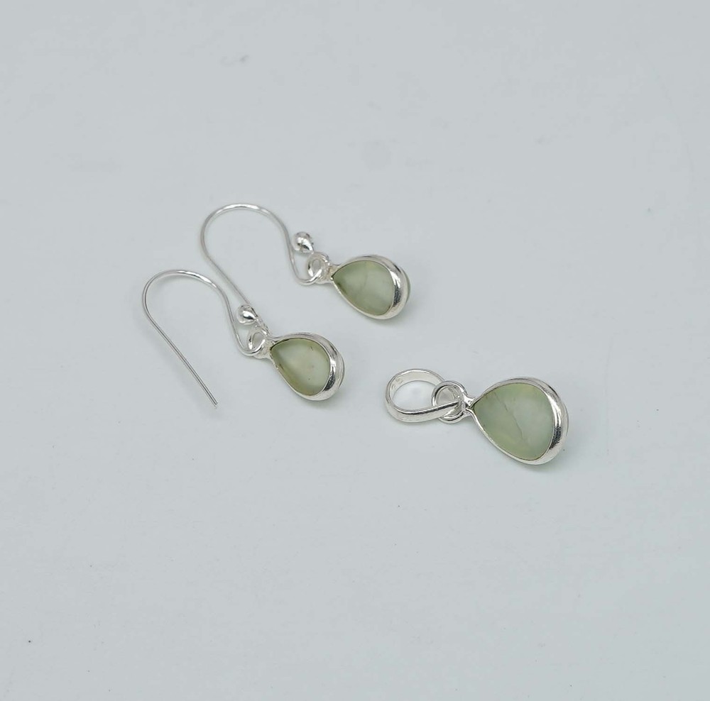 925 Solid Sterling Silver Green Prehnite Hook Earring Pendant Set