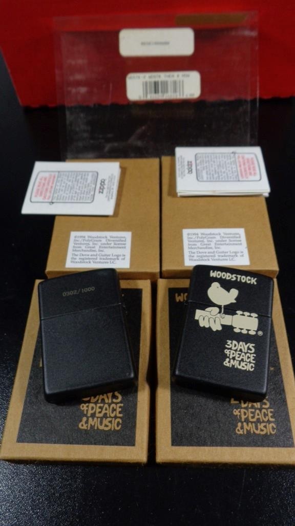 2 WOODSTOCK 94 UNFIRED MINT IN BOX ZIPPO FULL SIZE LIGHTERS 2 & 3 DAYS 302/1000