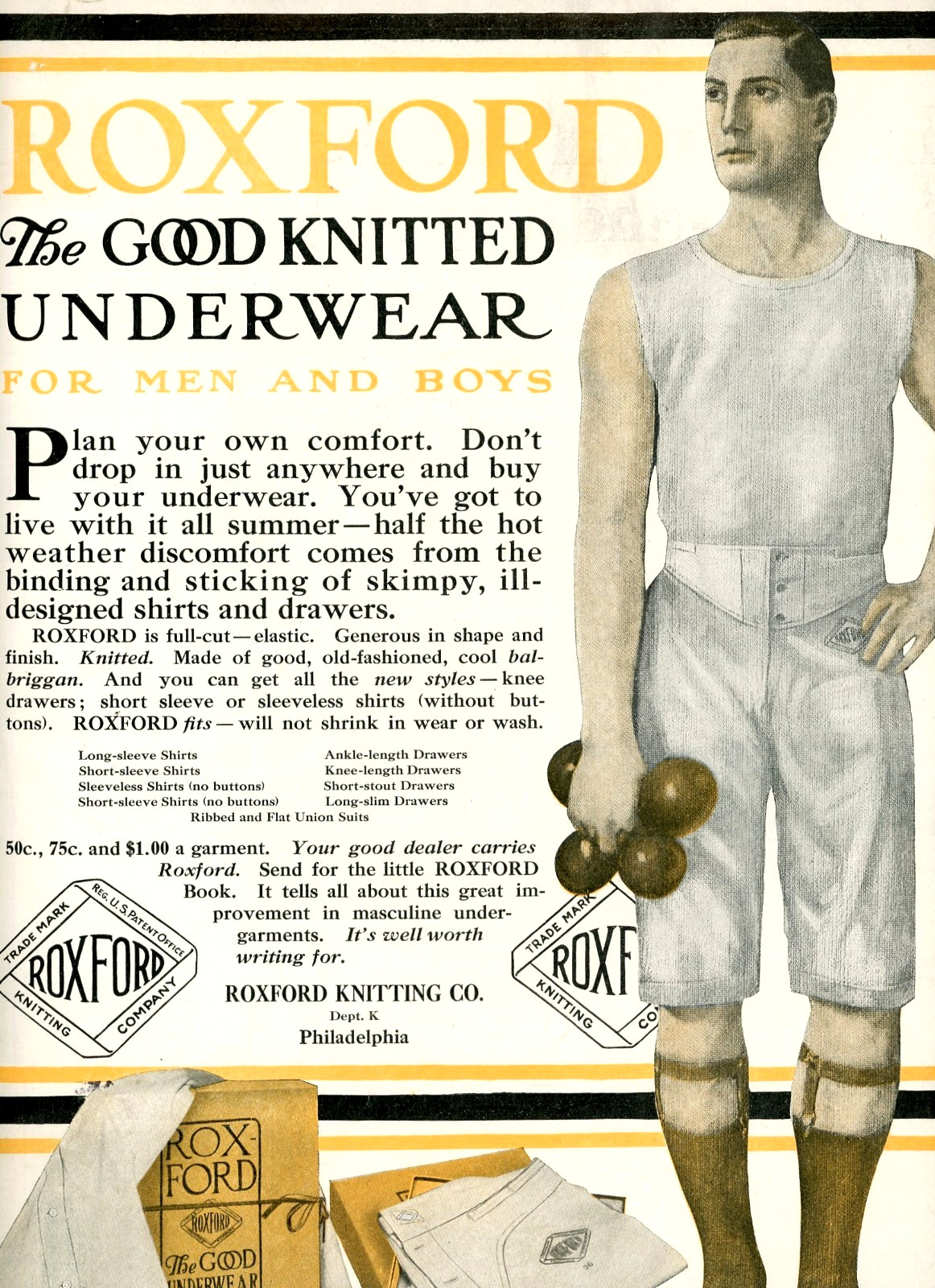 1910 Original Roxford Mens Underwear Ad. Gay Interest. Man w/Weights. Large Page
