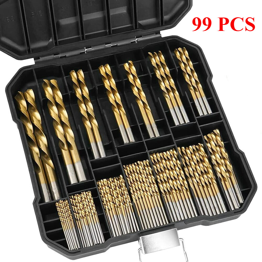 99 PCS HSS 135° TIP TITANIUM COATED TWIST DRILL BIT SET 1.5-10MM IRON BOX USA