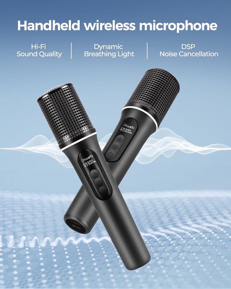 Wireless Microphones, 5-level Volume Adjustment, Dual Handheld Dynamic black