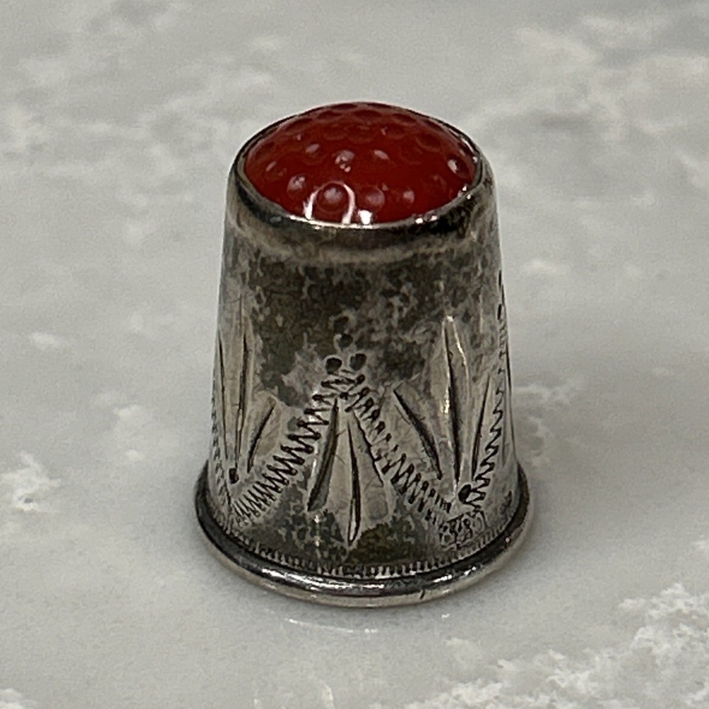 Antique Red Glass Stone Top Etched 830 Silver Thimble w/ Initials