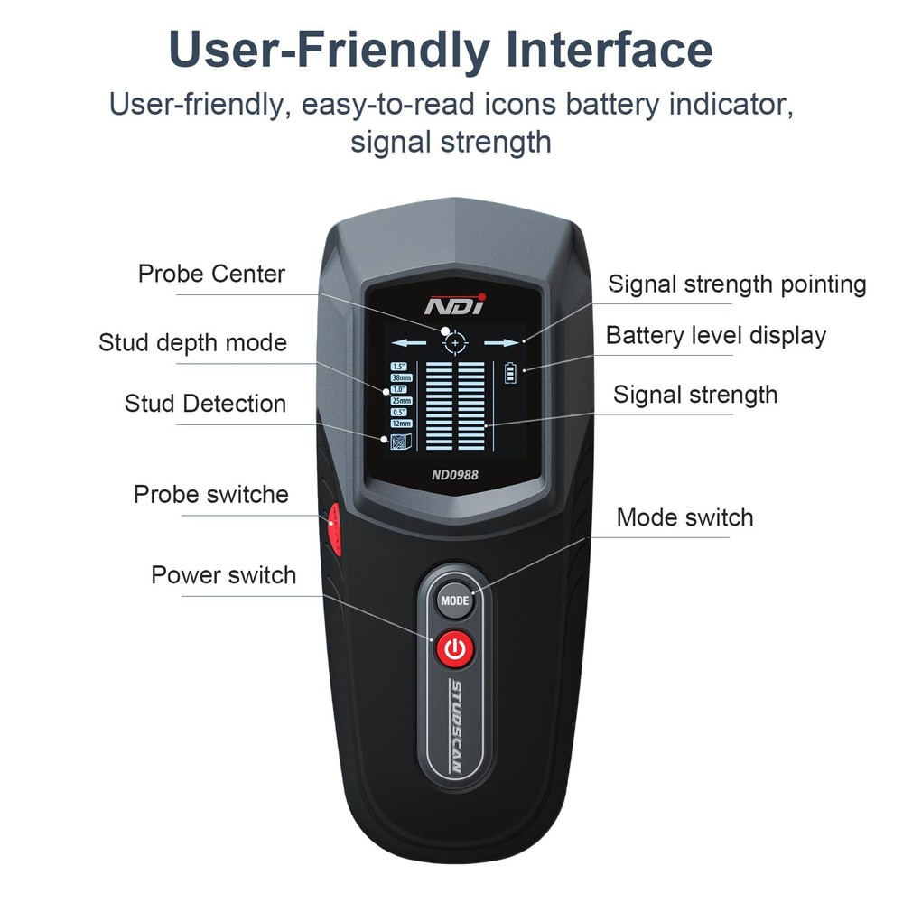 NDI ND0988 Stud Detector Precise Wall Scanner for Wood Detection with Multiple