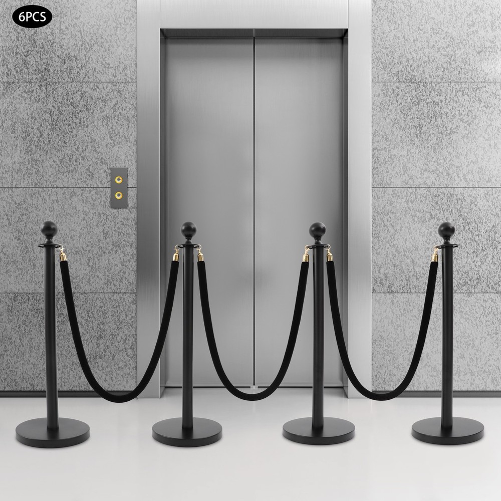 6 PCS Black Stanchion Posts Queue Pole with 4 1.5M Ropes Crowd Control Barrier