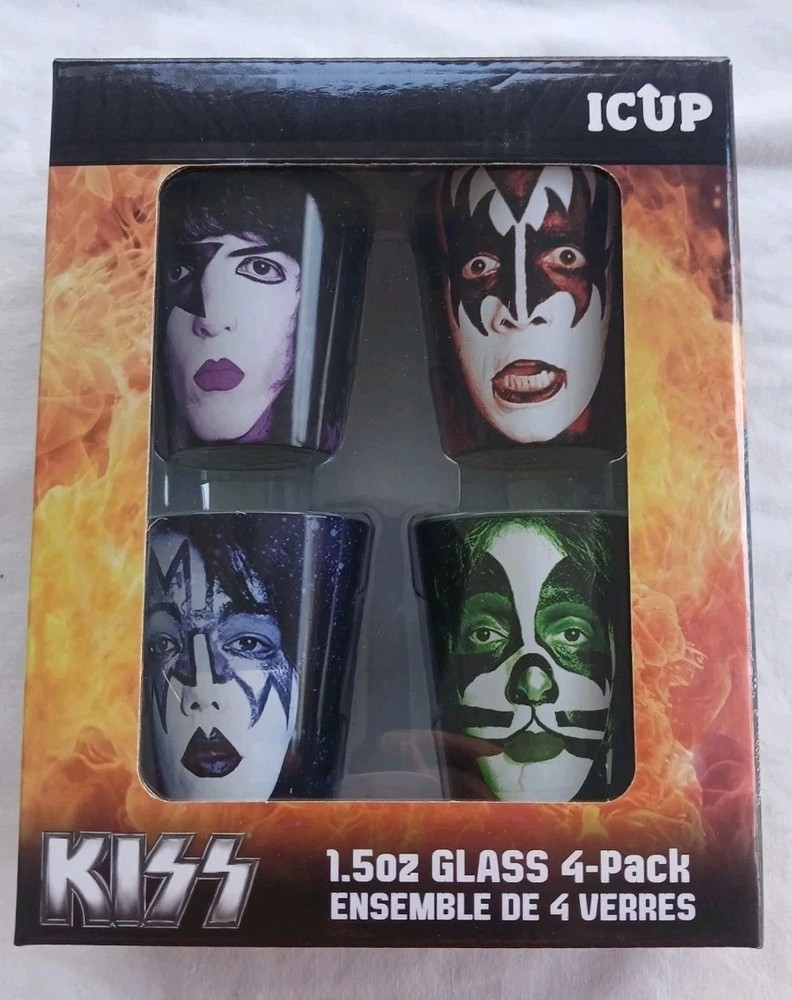 KISS 4-Piece Shot Glass Set Ace Frehley Peter Criss Paul Stanley Gene Simmons