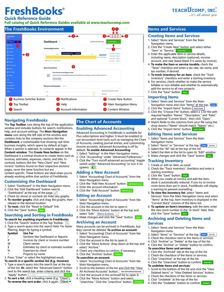 FreshBooks Accounting Training Guide Quick Reference Card 4 Page Cheat Sheet