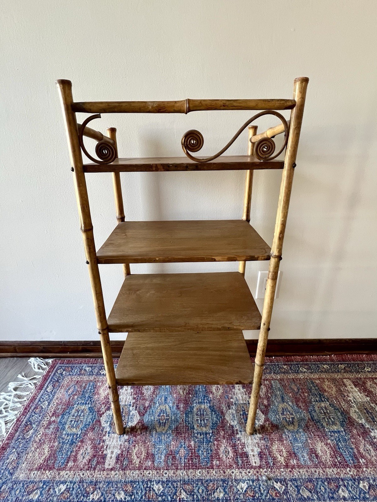 Antique Bamboo & Oak Etagere Curio Plant Fern Stand Book Shelf
