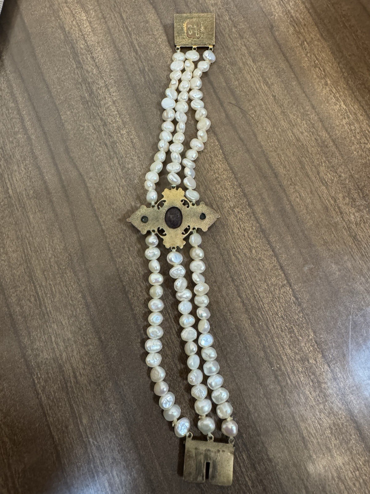 Percossi Papi Marked Jaded Jewel And Enamel Pearl Moonstone Bracelet 7 Inch