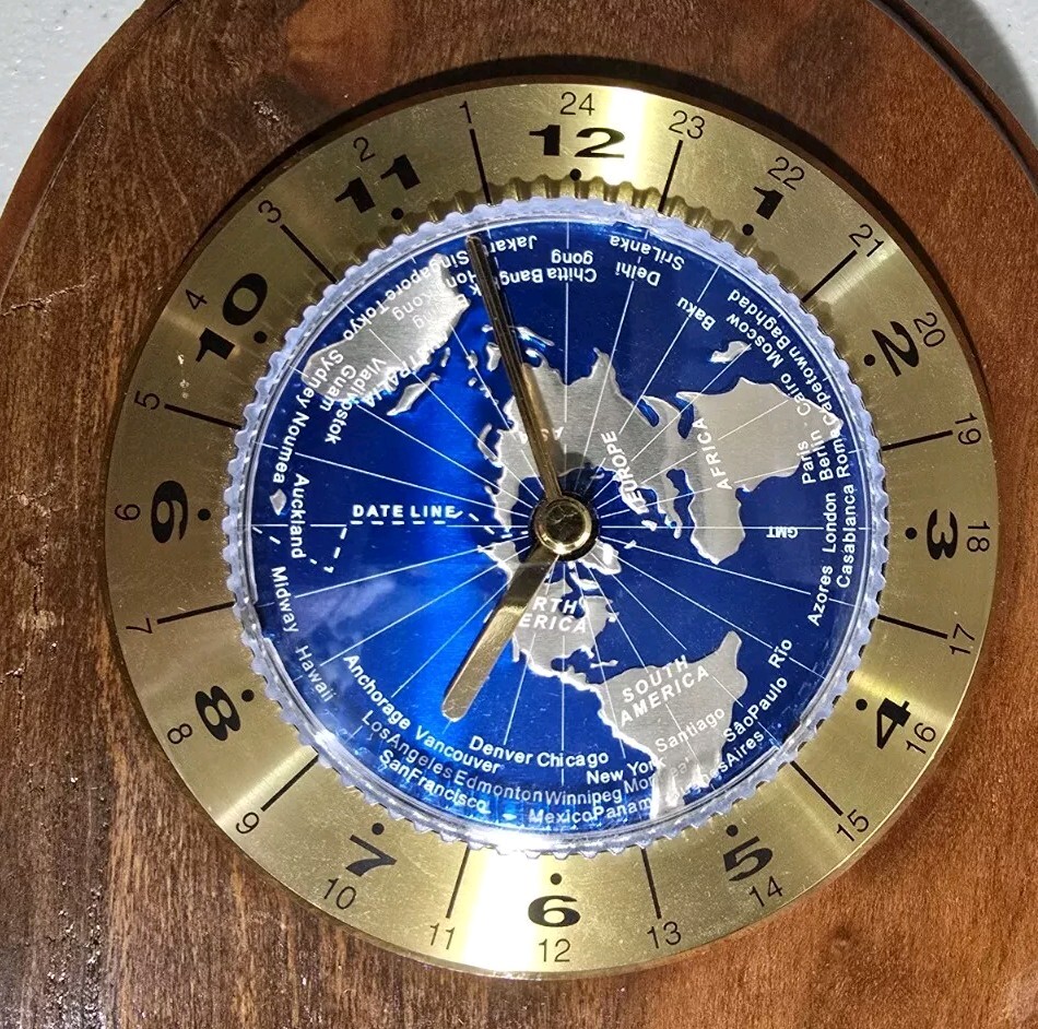Weather Station With World Clock On Solid Wood Base, Thermometer, Barometer,...