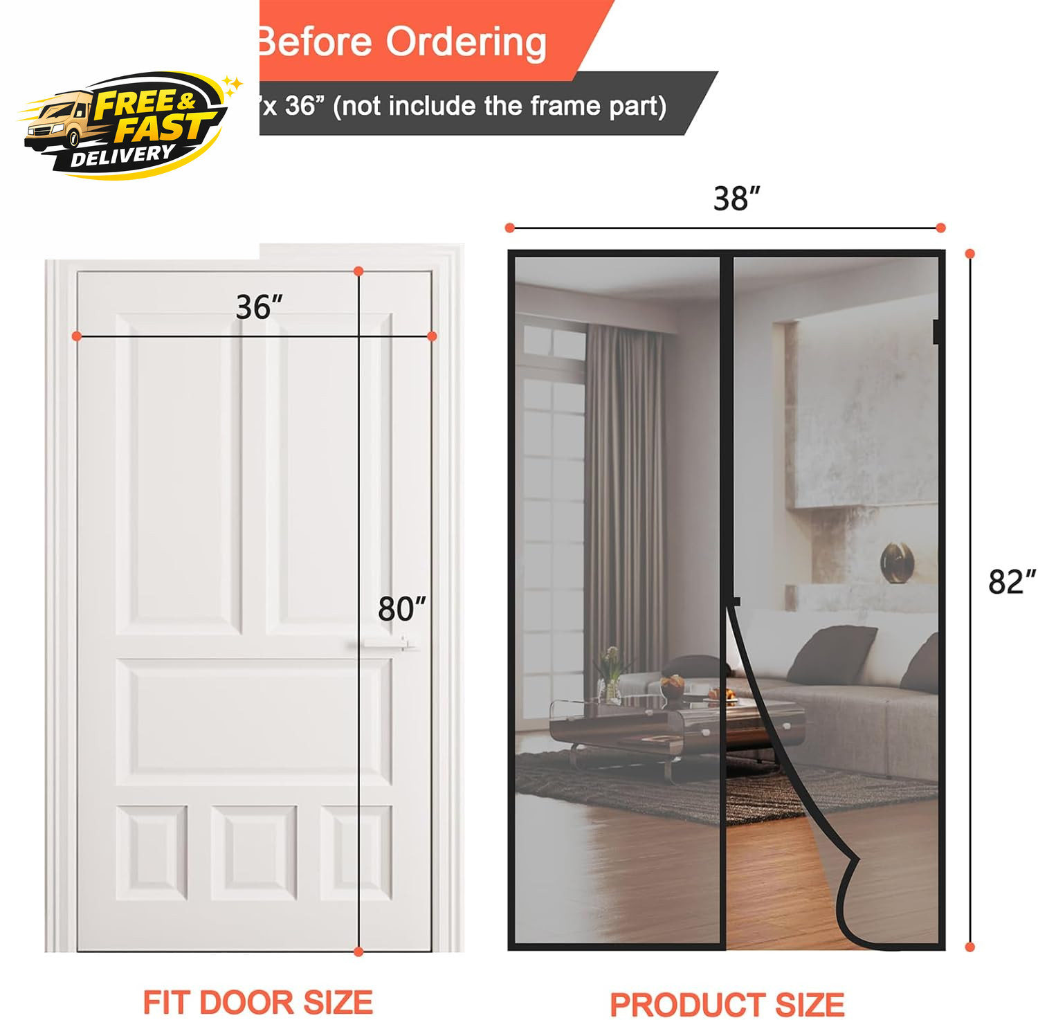 Magnetic Screen Door- Fit up to 36 X 80” Door. Heavy-Duty Screen Door Mesh with