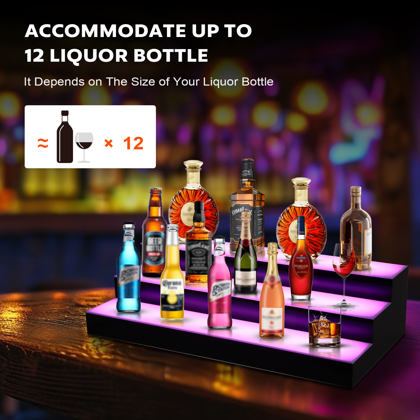 3 Tiers 30 Inch LED Lighted Liquor Bottle Display, Adjustable Brightness & Color