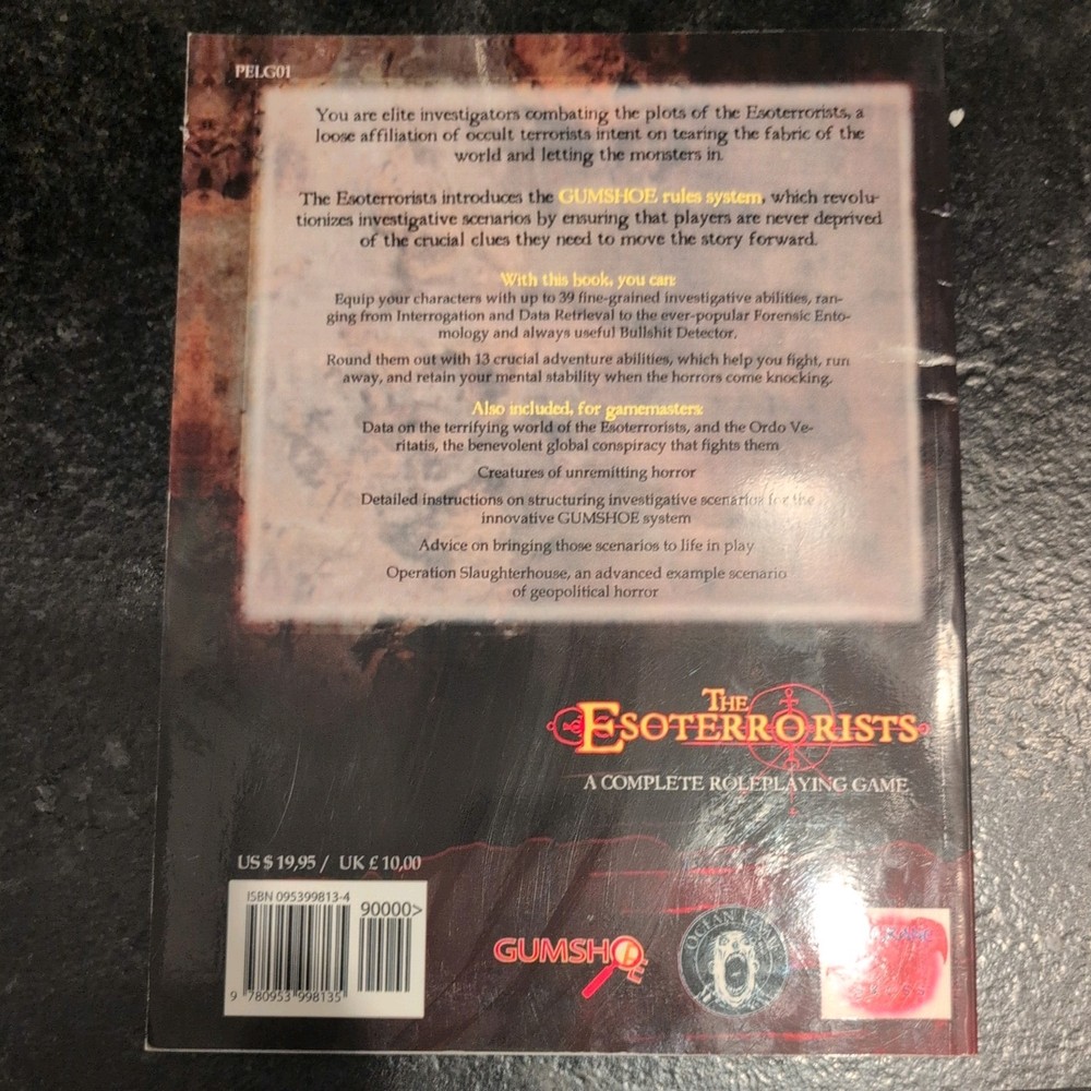 Esoterrorists RPG 1st Edition, Robin D Laws, Pelgrane Press 2006, Gumshoe system